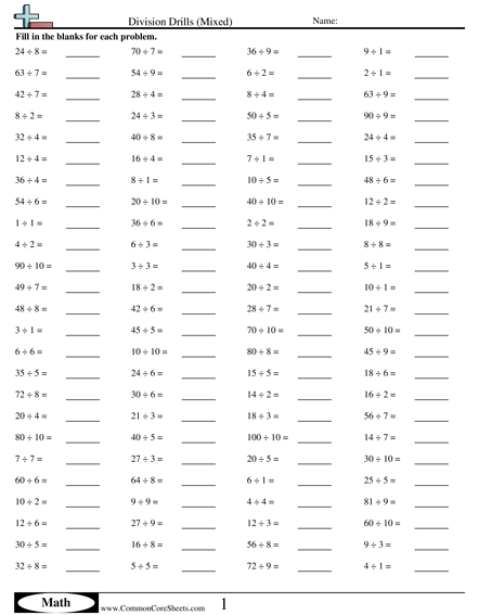 Math Drills Worksheets - Division Drills (Mixed) worksheet